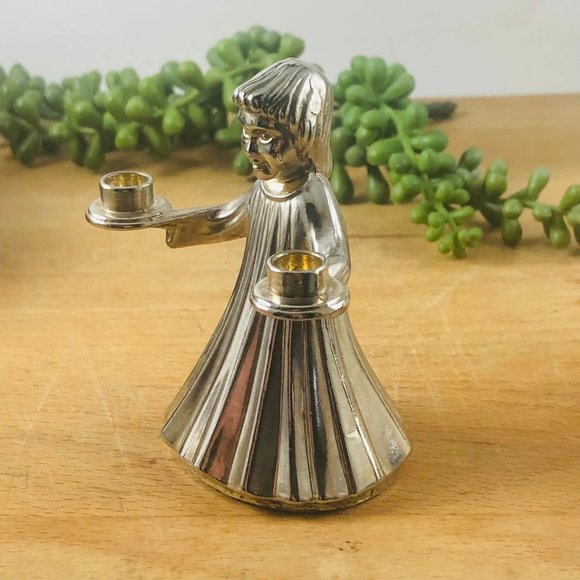 Silver Plate Italy Angel Candle Holder holds 2 Small Candles Over 3 Inches - Picture 2 of 6